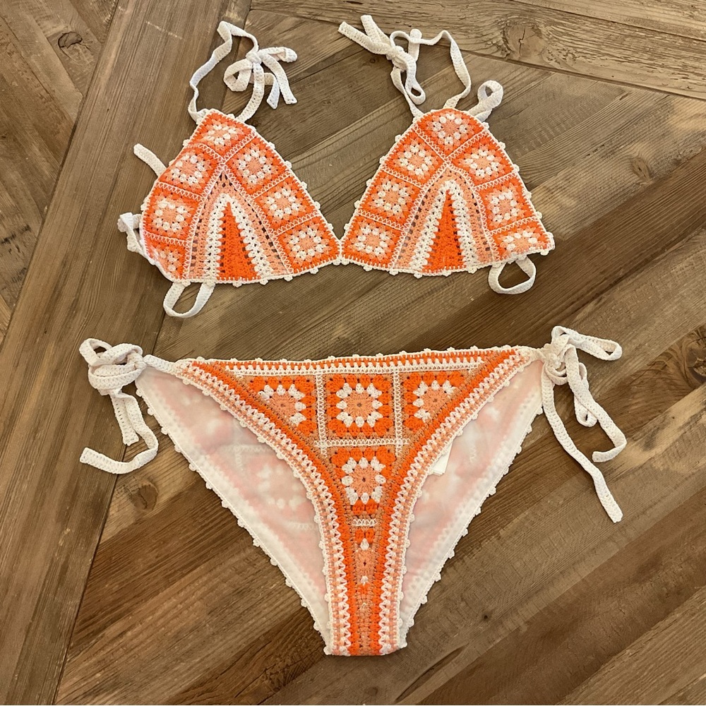 Maje Tutti Orange Crochet Bikini Set Boho Chic Tie Side Swimwear‎ NWT